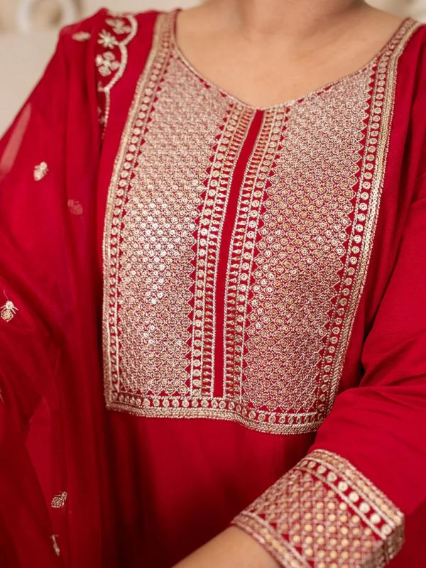 VP 9750 R Red Embroidered Silk Blend Suit Set With Dupatta